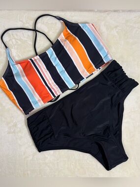 SweatyRocks 2 Piece Striped Spaghetti Strap Criss Cross High Waist Swimsuit SZ S